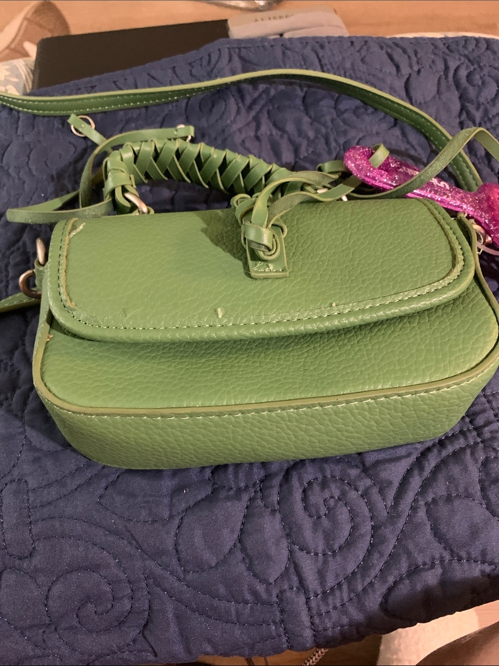 NWT Steve Madden Green Leather Woven-Handle Crossbody Bag with Long Strap
